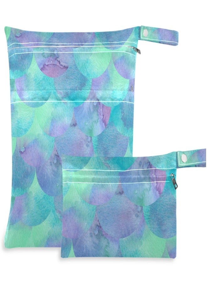 visesunny Turquoise Blue And Violet Mermaid Scale 2Pcs Wet Bag with Zippered Pockets Washable Reusable Roomy for Travel,Beach,Pool,Daycare,Stroller,Diapers,Dirty Gym Clothes, Wet Swimsuits, Toiletries - Image 1